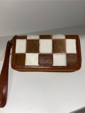 Checker Patch Wristlet wallet in Brown & White faux fur